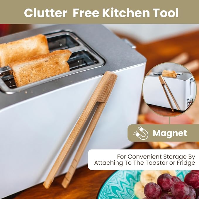 Toaster Tongs With Magnet | Bamboo Kitchen Utensils For Cooking & Holding Toast Bacon Muffin Bagel Bread | 8" Long Natural Toxic Free Magnetic | 2pcs Set