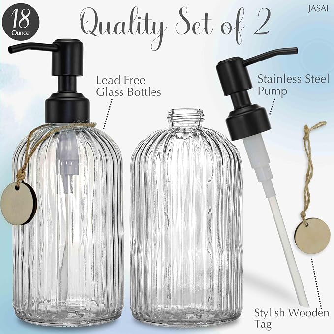 JASAI 2PACK 18Oz Simple Glass Soap Dispensers with Black Rust Proof Pump | Refillable Kitchen soap Dispenser with Vertical Stripe, Bathroom Soap Dispenser for Bathroom Hand soap, Dish Soap, Lotion
