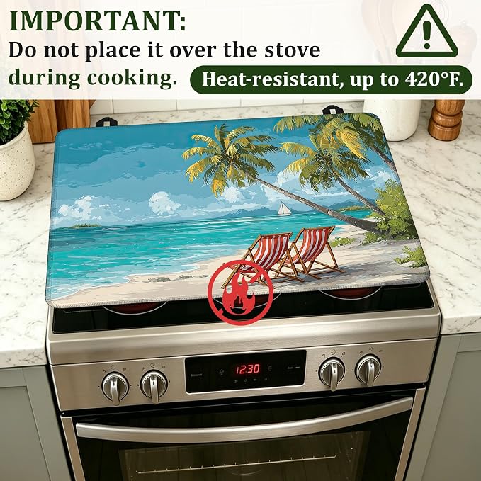 Beach Palm Tree Stove Top Cover Glass Cooktop Heat Resistant Cover,Ceramic Stove Top Covers Mat Prevents Scratching Stoves/Counter/Washer Protector,28.5x20.5 in