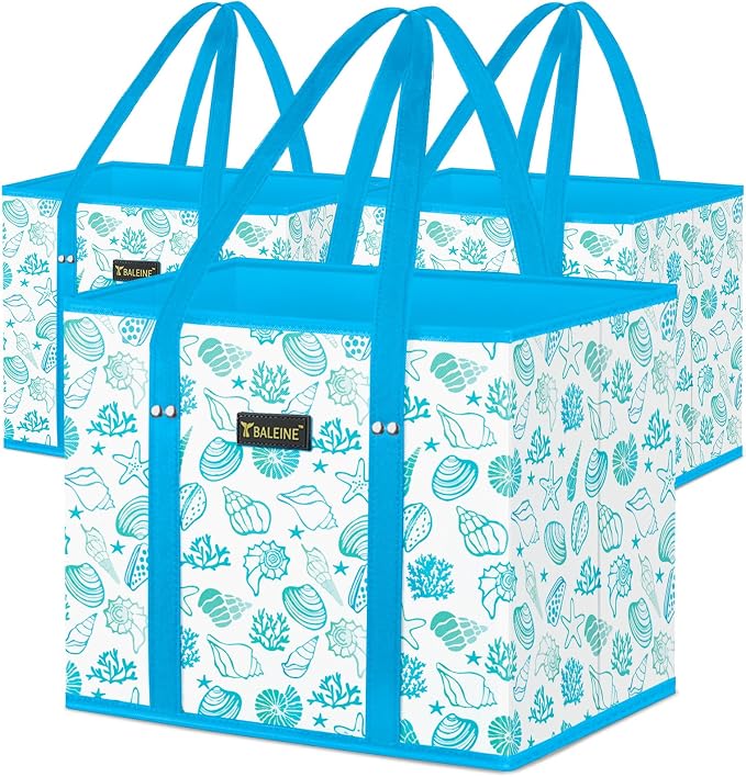 BALEINE 3PK Reusable Grocery Bags, Heavy Duty Shopping Tote Bag | 12'' Long Handles, Reinforced Bottom Keeps Upright, Fold Flat Storage, Water-Resistant Shopping Bag, Multiple Color Options