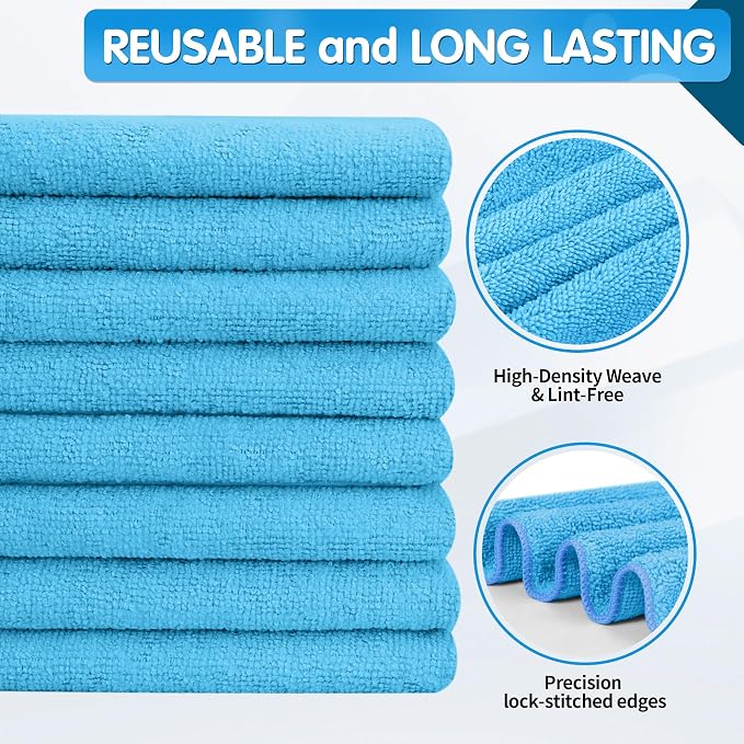 Blue Microfiber Cleaning Cloth -Pack of 8, Highly Absorbent Cleaning Rags, 16"X12" All Purpose Cleaning Towels for Housekeeping, Kitchen, Car, Lint Free and Reusable Microfiber Towels