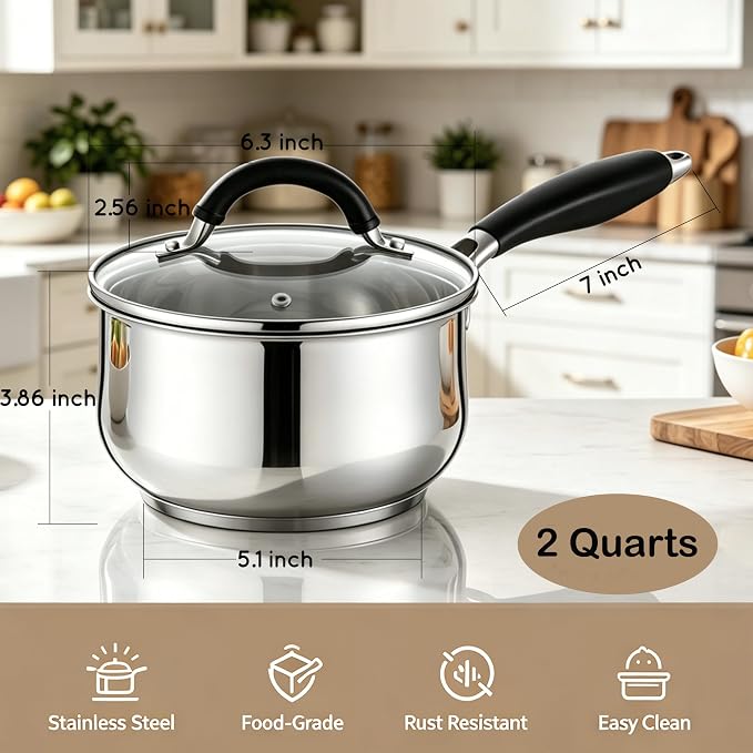 HaWare 2 Quart Saucepan, Stainless Steel Tri-Ply Bottom Sauce Pot with Lid