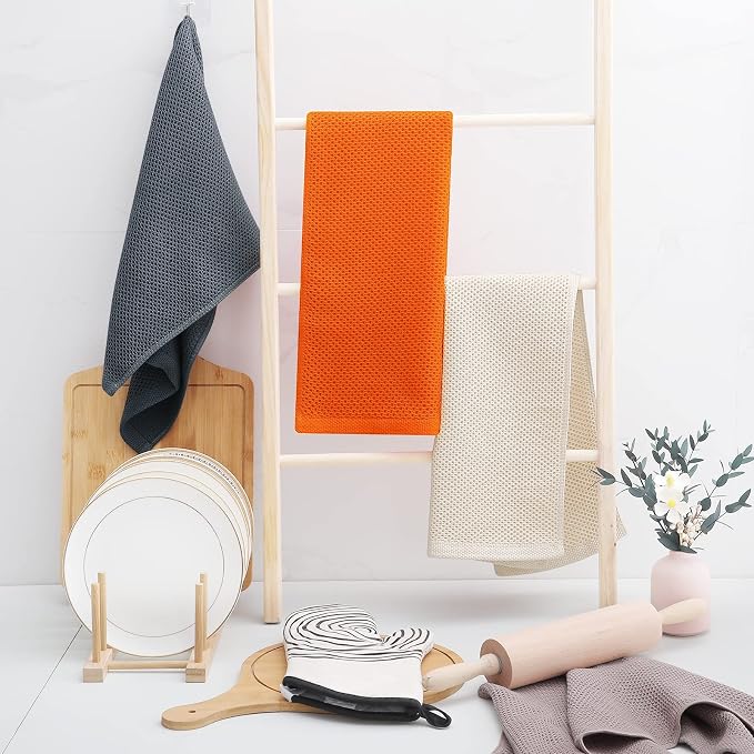 Homaxy 100% Cotton Waffle Weave Kitchen Dish Towels 4-Pack, Orange | 13 x 28 Inches, Ultra Soft Absorbent Dish Towels, Quick Drying Cleaning Towels