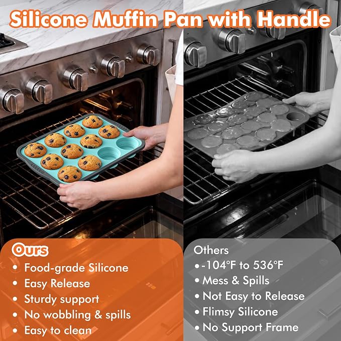 2 Pack Silicone Muffin Pan for Baking with Metal Reinforced Frame, Foldable 12 Cup Regular Size Nonstick Cupcake Pan, Muffin Tray for Baking, Dishwasher Safe Egg Bite Molds for Oven，Blue