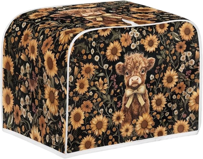 Highland Cow Sunflower Toaster Cover 4 Slice Dustproof Toaster Bread Maker Cover Small Kitchen Appliance Fingerprint Protection Kitchen Decor