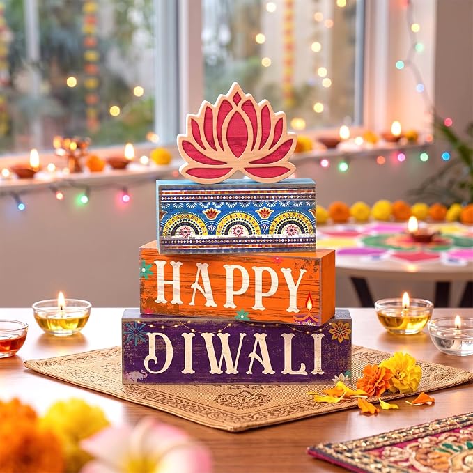 Lineshading 5 Pcs Diwali Wooden Block Signs Farmhouse Tiered Tray Decor | Happy Diwali Tabletop Decor with Lotus, Rustic Stackable Wood Blocks, Festival Decorations for Shelves Mantels Desks