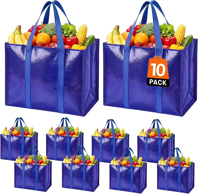 Reusable Grocery Bags, Waterproof & Foldable Shopping Bags Stand Upright | Heavy Duty Shopping Tote Bags, Waterproof & Foldable with Long Handles for Bulk Shopping, Versatile Storage 10 Pack-33L