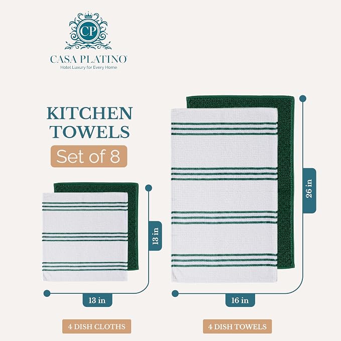 Casa Platino Kitchen Towel Set 8 Pc - 4 Dish Cloths for Washing Dishes (13"x13") & Kitchen Towels (16"x26") - Cotton Rich, Soft, Absorbent Wash Rags, Quick Dry & Durable Tea Towels for Wiping - Olive.