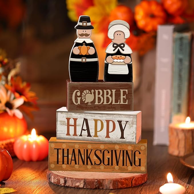 Lineshading 4 Pcs Thanksgiving Pilgrim Decor Wooden Block Signs Tray Set | Rustic Couple Figurines with Gobble Happy Signs, Farmhouse Centerpiece for Kitchen Table, Fall Tiered Display
