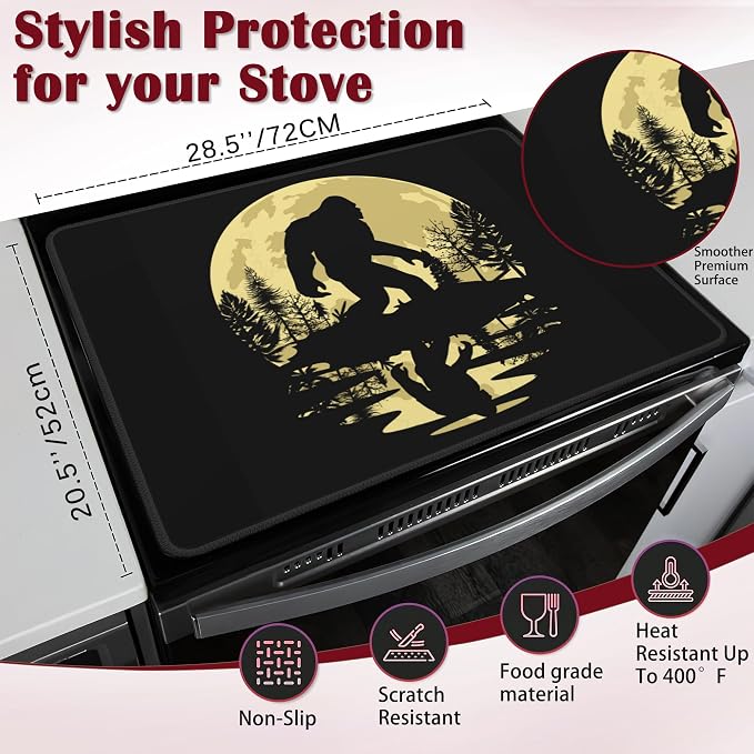 Stove Top Cover Glass Cooktop Heat Resistant Cover,Big Foot Forest Moon Ceramic Stove Top Covers Mat Prevents Scratching Stoves/Counter/Washer Protector,28x20 in