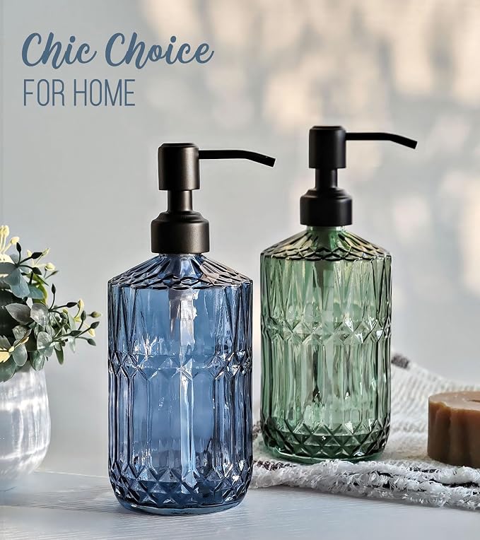 JASAI 18 Oz Blue Soap Dispenser with Black Rust Proof Pump | Refillable Bathroom Soap Dispenser with Thick Glass, Kitchen Soap Dispenser for Hand Soap, Dish Soap, Lotion.(Blue)