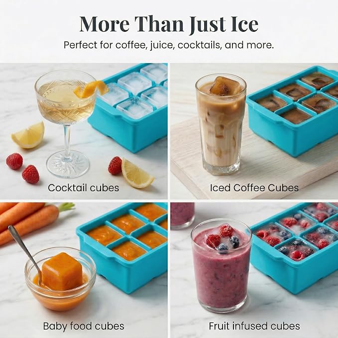 KitchFort® Large Silicone Ice Cube Tray (3-Pack) - 2" Big Ice Mold with Lid | Easy Release, Cocktail, Whiskey Ice Cubes Mold - Food Grade - Ice Cube Trays for Freezer - Stackable Silicone Ice Tray