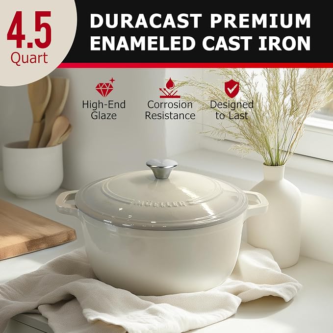 MUELLER HOME 4.5 QT Enameled Cast Iron Dutch Oven, Heavy-Duty Casserole Dish and Braiser Pan with Lid and Stainless Knob, Oven-Safe up to 500° F & Across All Cooktops, Oyster White | Heavy-Duty Casserole Dish and Braiser Pan, Lid with Stainless Knob, O...