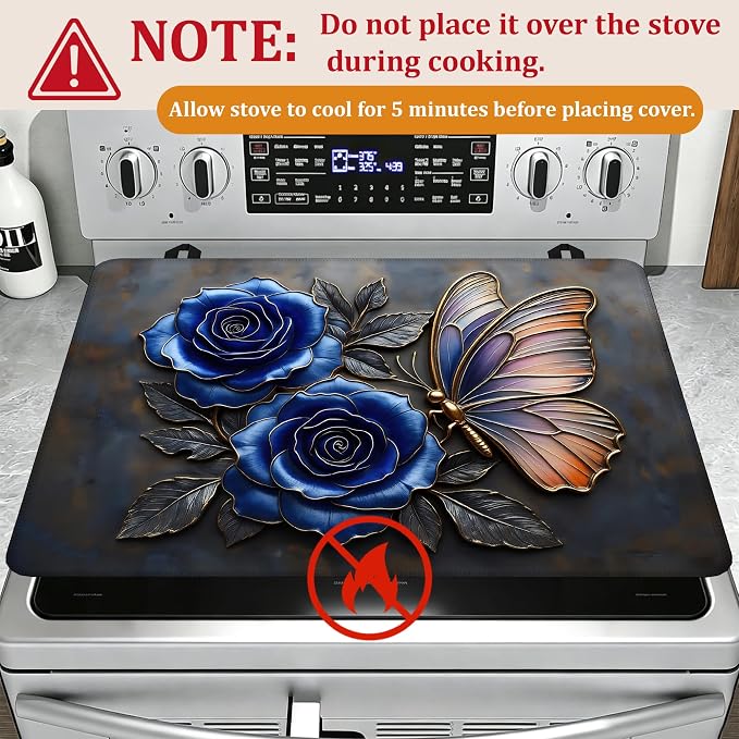Stove Top Covers for Electric Stove,Blue Rose Flower Flat Top Stove Cover,Retro Butterfly Heat Resistant Glass Top Stove Cover Protector Anti-Slip Range Covers, 28 x 20 Inch