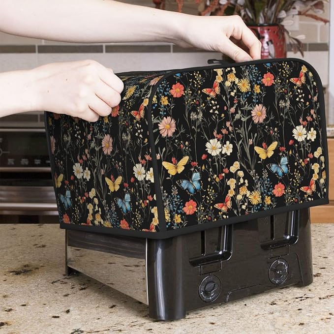 4 Slice Toaster Cover Wildflower Botanical Butterfly Flower Dust Proof Washable Kitchen Appliance Cover with Pocket, Oxford Fabric Countertop Toaster Protector for Standard Toasters Small Appliances