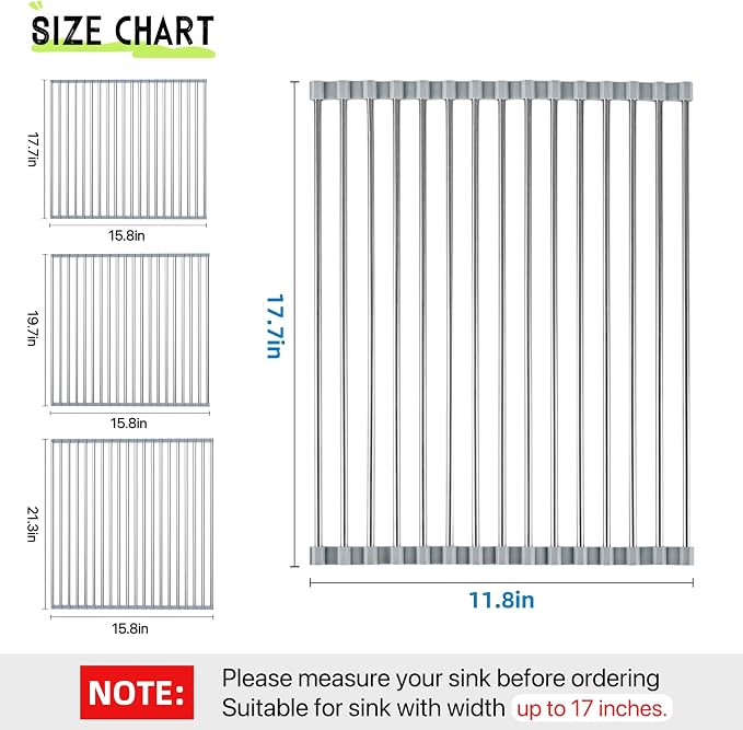 Roll Up Dish Drying Rack, 17.7" x 11.8" Over The Sink Dish Drying Rack, Dish Drying Rack for Kitchen Sink Counter Storage (Grey)