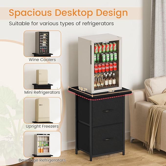 Snughome Mini Fridge Stand with Storage, Mini Fridge Cabinet Small Refrigerator Table Stand with Drawers, Heavy Duty 220 LBS, Compact Beverage Cooler Rack Shelf for Dorm, Apartment, Office Coffee Bar