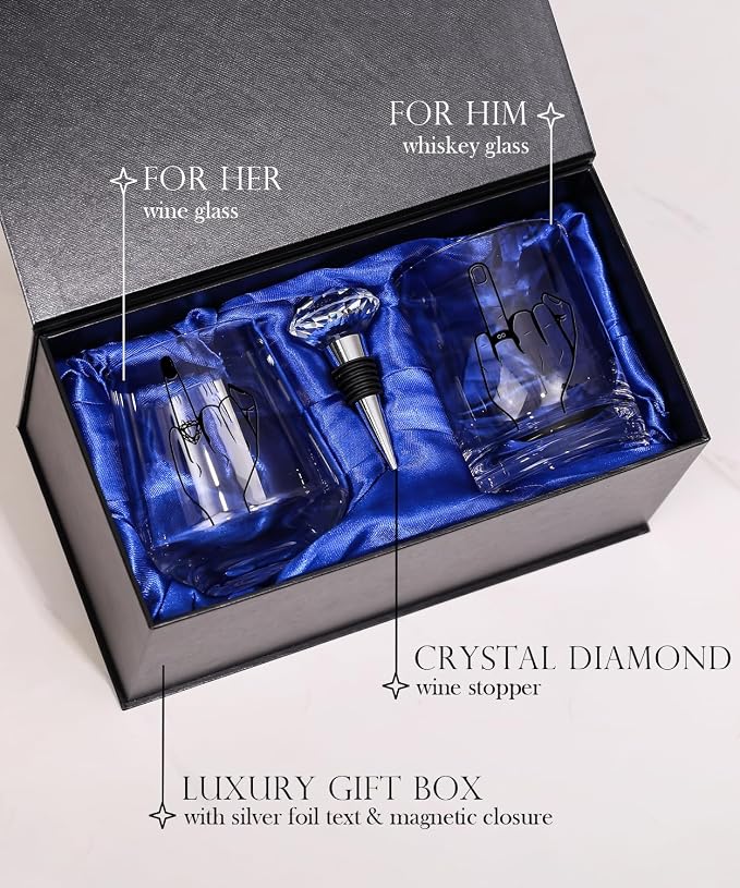 Wedding Gifts for Couples，Engagement Gifts for Newly Engaged Couples, Unique Bridal Shower,Valentine's Day Gifts,14oz Whiskey Wine Glasses with Diamond Wine Stopper Set