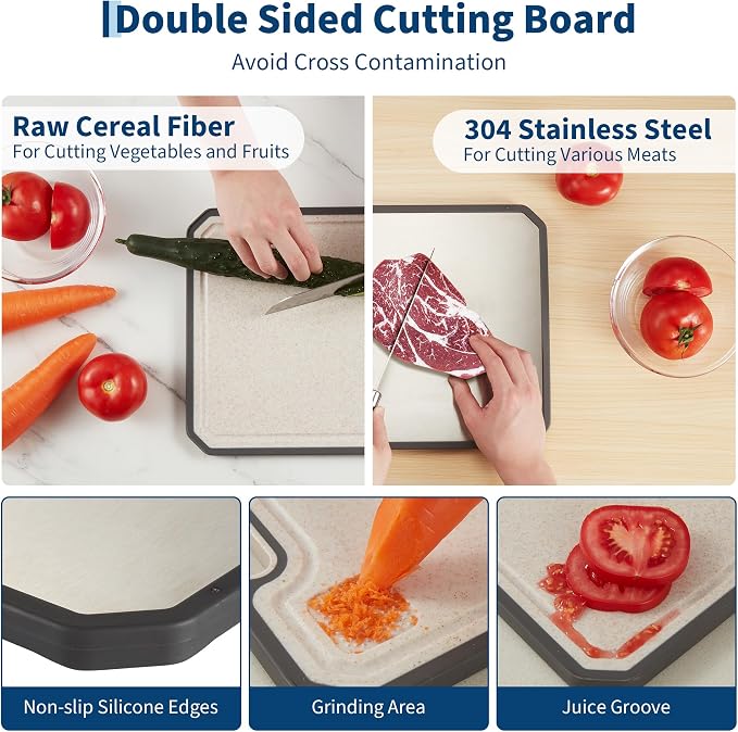 Stainless Steel Cutting Board for Kitchen Metal Chopping Board 15.2"x 10.5" | Double-Sided Stainless Steel/Wheat Straw PP Meat Cutting Board Non Toxic Chopping Board with Juice Grooves & Handle