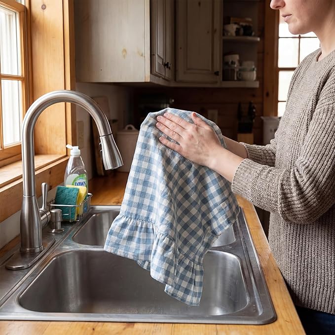 HunnmingRe 2 Pcs Dusty Blue Gingham Kitchen Towels Cotton Ruffle Dish Towel | 100% Cotton Dish Cloths, 18x28 Inch Tea Towels For Farmhouse Gifts, Soft Absorbent, Drying Dishes, Classic Plaid Pattern