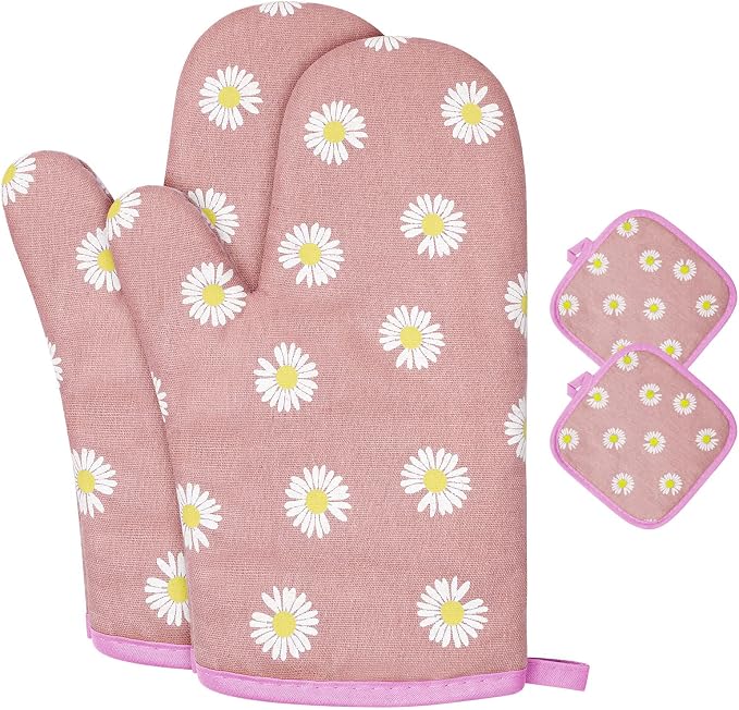 AUAUY Oven Mitts and Potholders, BBQ Gloves Heat Resistant, 1 Pair Oven Mitts and 2 Pot Holders, Cotton Non-Slip Cooking Gloves for Cooking Baking Kitchen Microwave Pizza(Daisy-Pink) | Cooking Gloves and Hot Pads Baking Mittens, Grilling Gloves BBQ Glo...