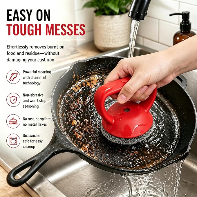 Welded Chainmail Cast Iron Scrubber with Heavy Duty Handle,3mm Fine Ring | Long Lasting Cast Iron Cleaner with Hanging Hole,Metal Sponge Scour Cleaning Grill, Skillet, Frying Pan, Wok,Dutch Oven - Red
