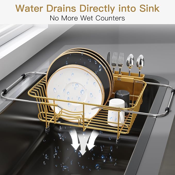 JASIWAY Gold Dish Drying Rack in Sink with Utensil Holder, RV, Apartment | Over Sink Expandable Stainless Steel Dish Drainers for Compact Kitchen, Space Saving, Fast Drain, Rustproof, For 1-2 people