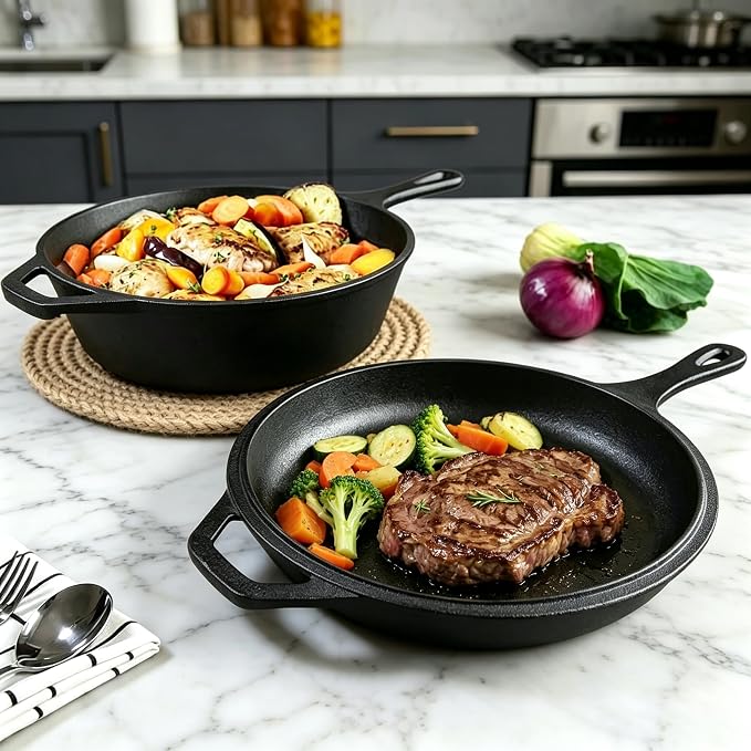 Cast Iron Double Dutch Oven Pot with Skillet Lid, Cast Iron Combo Cooker, Skillet with Lid, Deep Pot with Frying Pan for Bread Baking, Outdoor, Campfire Cooking (3 Quarts)