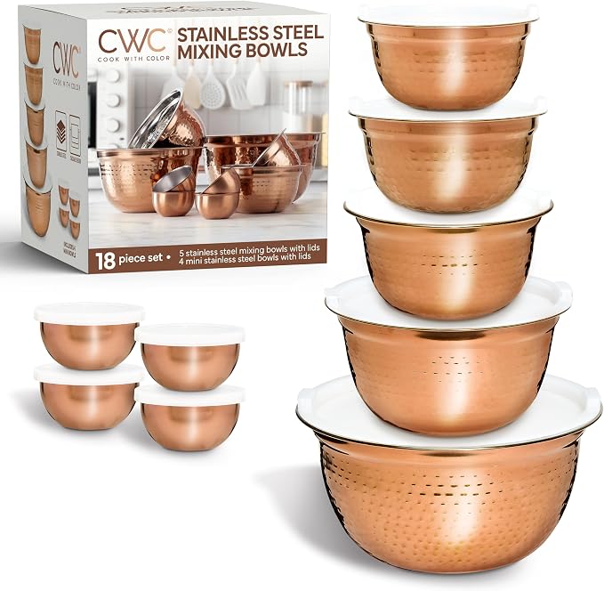 COOK WITH COLOR 18 Piece Mixing Bowls Set with Airtight Lids, Handcrafted Stainless Steel Bowls, Food Storage Containers, Meal Prep, Nesting Salad Bowls For Cooking, Baking, Kitchen, Copper - Hammered