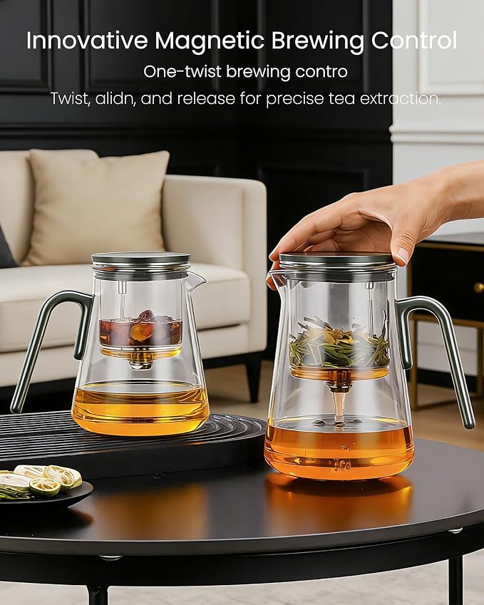 ZENS Magnetic Glass Infuser Teapot with 2 Cups for Loose Tea Steeper, 34oz | Magic Glass Teapot with Infusers for Loose Tea Steeper, Echanted Tea Pot for Herbal Tea Lovers, Dark Green