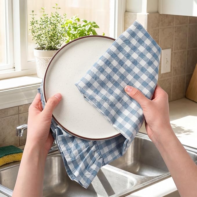 HunnmingRe 2 Pcs Dusty Blue Gingham Kitchen Towels Cotton Ruffle Dish Towel | 100% Cotton Dish Cloths, 18x28 Inch Tea Towels For Farmhouse Gifts, Soft Absorbent, Drying Dishes, Classic Plaid Pattern