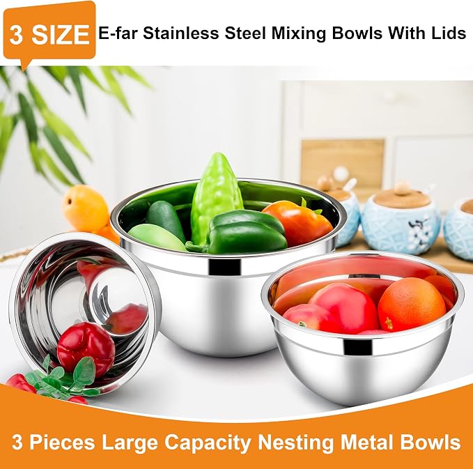 E-far Mixing Bowls with Lids Set, 6-Piece Stainless Steel Salad Bowls | Metal Nesting Cooking Bowls with Airtight Lid for Kitchen Storage, Baking & Prepping, Dishwasher Safe, 1.5/3/4.5 QT, Colorful