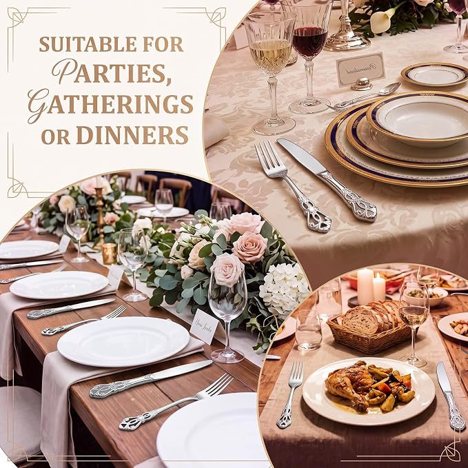 Nuenen 100 Pieces Retro Royal Stainless Steel Dinner Flatware Cutlery Set, Vintage Carved Tableware Set for Butter Kitchen Restaurant, Dishwasher Safe(silver, 8.98 Inches, 8.07 Inches, Classic) | Classic Dinner Flatware, Dishwasher Safe for Kitchen Res...