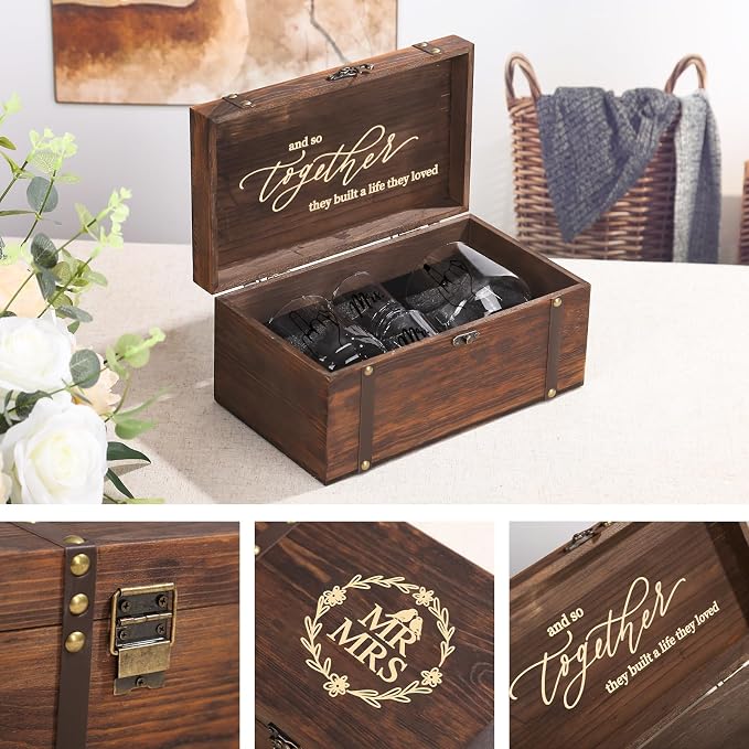 Engagement Gift Set for Couples - Ring Finger Wine Glasses, Personalized Mr and Mrs Shot Glasses & Keepsake Box,Unique Bridal Shower & Wedding Gift for Newly Engaged, Mr & Mrs, Bride and Groom