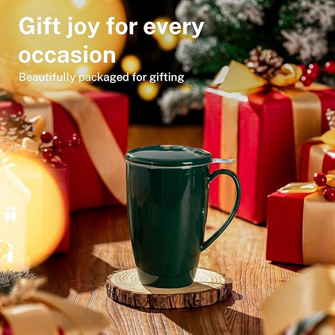 Sweese 15 OZ Porcelain Tea Mug with Infuser and Lid, Loose Leaf Tea Cup, Gifts for Tea Lover, Dark Green