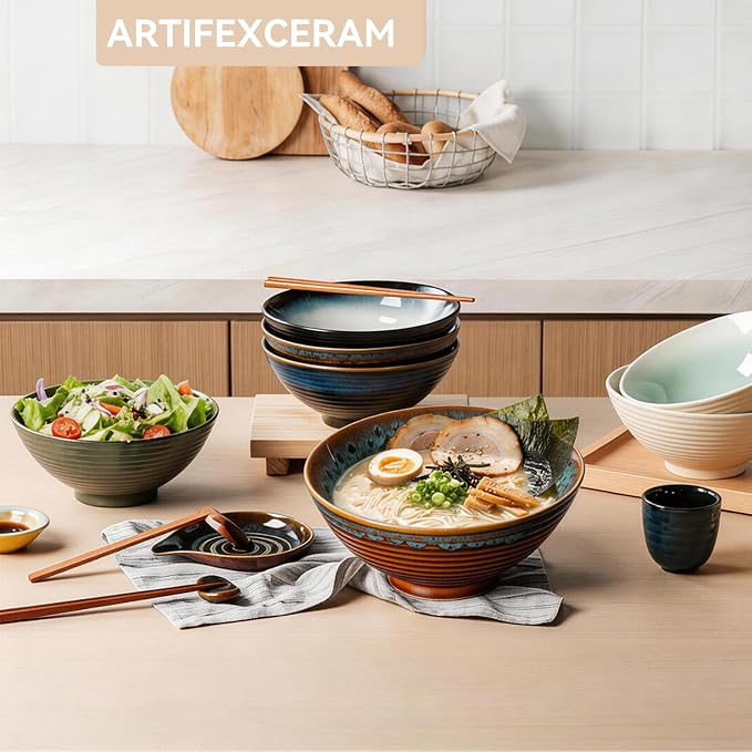 8 Inch Ceramic Ramen Bowl Set of 2, 40oz Japanese Bowls with Spoons & Chopsticks,Durable,Microwave & Dishwasher Safe,Perfect for Ramen,Pho,Salad,Soup,Noodles，Mixing bowls（Verdigris Green）