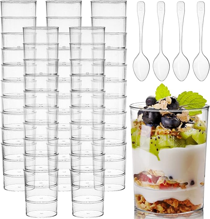 Okllen 100 Pack Mini Dessert Cups with Spoons, 3 Oz Round Shot Cups Plastic Dessert Shooters, Appetizer Parfait Cups Shot Glasses for Chocolate Desserts, Ice Cream, Puddings, Tasting Party