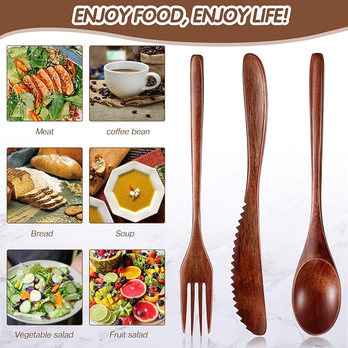 Geiserailie 24 Pcs Wooden Utensils for Eating Wooden Spoon Fork Knife Set | Reusable Cutlery Set, Dinner Silverware, Natural Wood Flatware, Kitchen Tableware