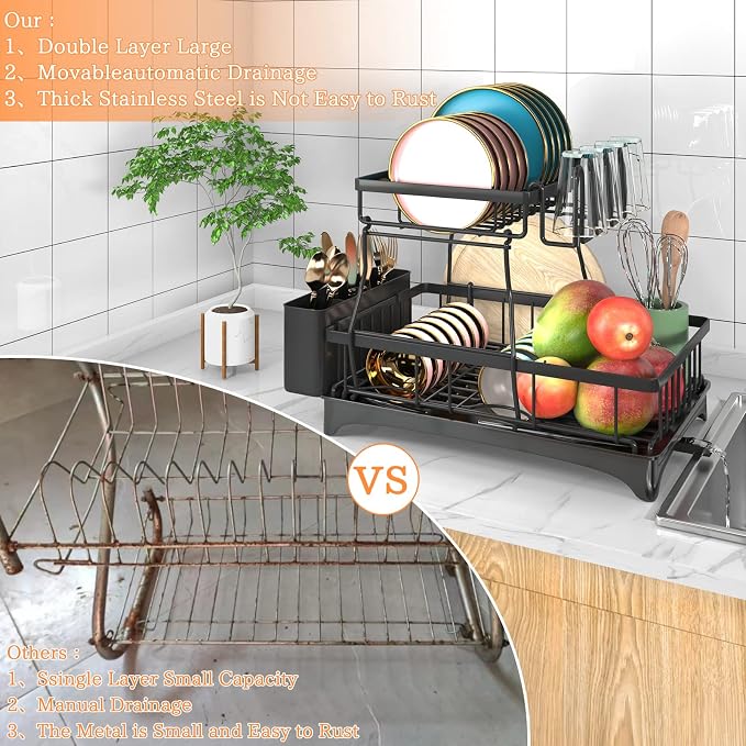 2-Tier Dish Drying Rack - Dish Rack with Auto Drain-to-Sink & Mat | Dish Racks for Kitchen Counter, Dish Drainer with Knife Fork & Cup Rack, Gifts for Women, Mothers Day, Kitchen Gadgets, Black