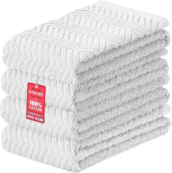 100% Cotton Kitchen Towels 15x25 in, White Set (Pack of 4)