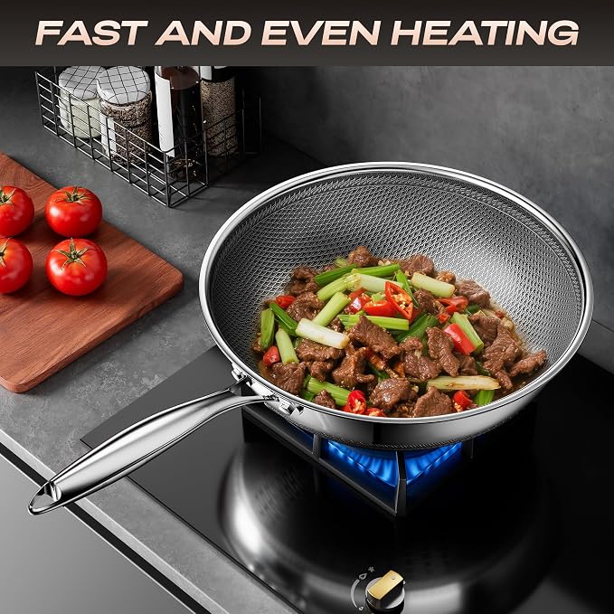 Wok,Hybrid 12-Inch Wok with Lid,Nonstick Stainless Steel Woks & Stir-fry pans,Dishwasher-Friendly,PFAS PFOA PTFE Free, Oven-Safe Up to 600°F,Compatible with All Cooktops