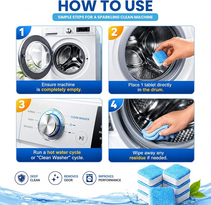 Washing Machine Cleaner Descaler 24 Pack - Deep Cleaning Tablets For Front Loader & Top Load Washer, Eco-Friendly Deodorizer, Clean Inside Drum and Laundry Tub Seal - 12 Month Supply