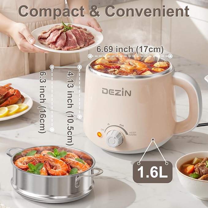 Dezin 1.6L Electric Pot with Steamer, Stainless Steel Pot with Dual Power | Keep Warm, Rapid Cooker, for Ramen, Egg, Dumpling, Soup & Oatmeal, Overheat & Boil-Dry Protection, Ideal for Dorm & Office