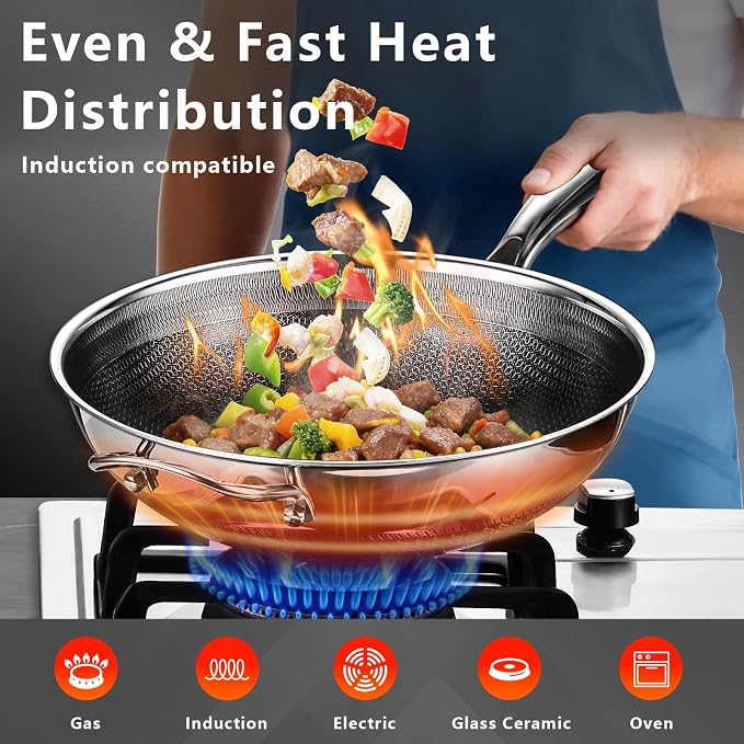 SAKAMOSH Hybrid 12inch Wok with Lid, Stainless Steel Woks & Stir-Fry Pans Nonstick, Non Toxic, PFAS PFOA PTFE Free, Dishwasher and Oven Safe, Works on Induction