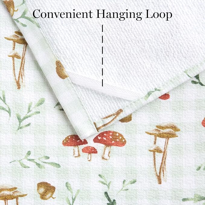 Martha Stewart Autumn Harvest Mushroom Plaid Kitchen Towel 3-Pack Set, 100% Cotton with Absorbent Terrycloth, Decorative Kitchen Towels, Burnt Orange/Green/White, 16"x28"