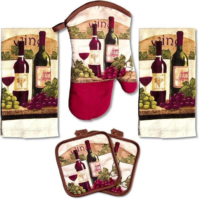 Wine Lover's 5-Piece Kitchen Towel Set | Kitchen Towel Set with 2 Decorative Dish Towels (25 X15), 1 Oven Mitt (11 X 7) and 2 Potholders (6.5 X 6.5)