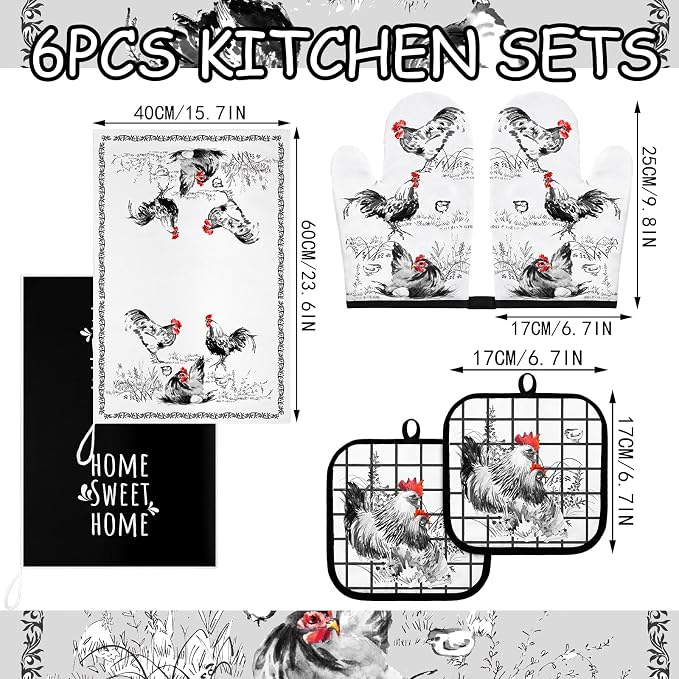 Leinuosen 6 Ink Rooster Farmhouse Kitchen Decor Dish Towels Oven Mitts and Pot Holders Sets Chicken Kitchen Towels Absorbent Decorative Accessories for Cooking Baking Grilling