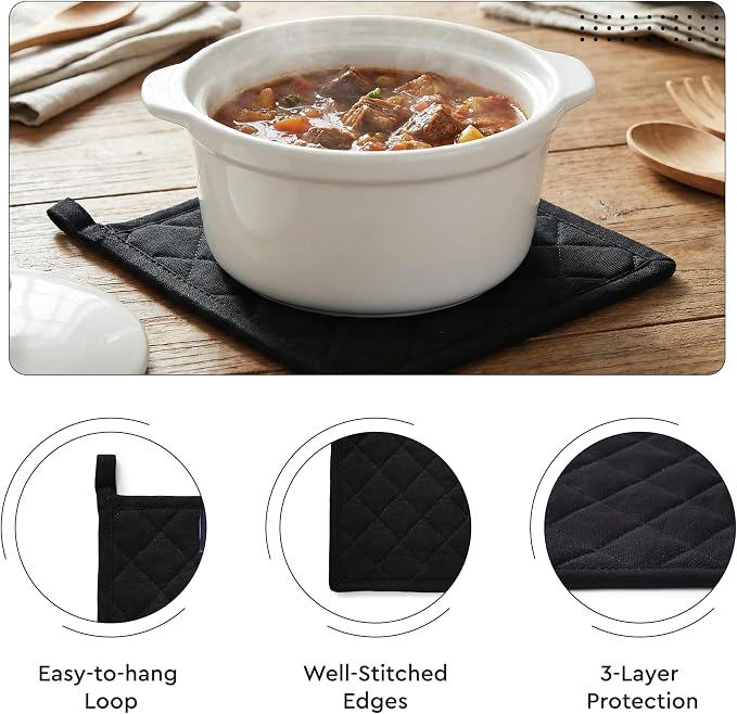 Encasa XO Oven Mitts and Pot Holders Set, Heat Resistant Cotton | Full Black, Diamond Quilted | Non-Slip Grip | Microwave & Oven Safe | Hanging Loop | Machine Washable | Set of 2