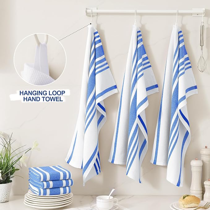 Homaxy Premium Cotton Stripe Kitchen Towels 8 Pack, 18"x 28", Blueberry | Large 380 GSM Kitchen Hand Towels, Soft Terry Dish Towels, Highly Absorbent Tea Towel Set with Hanging Loop