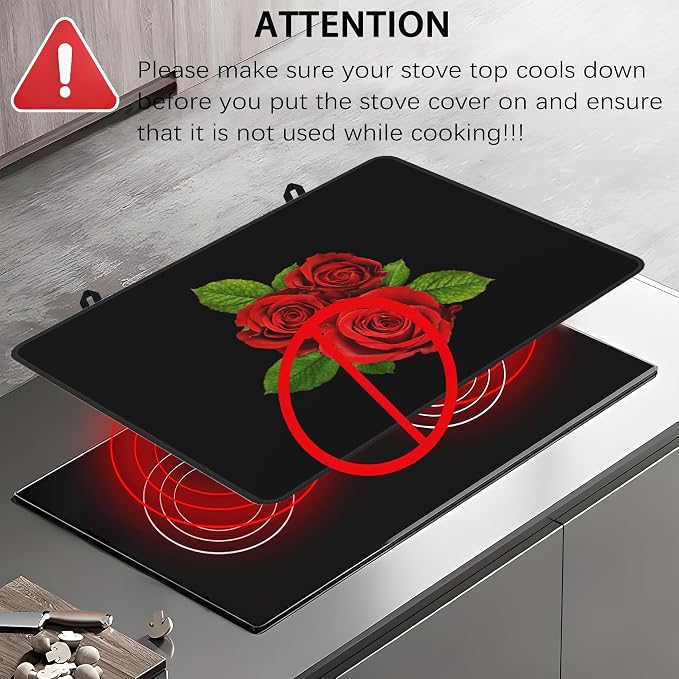 Vintage Rose Stove Top Cover for Electric Stove,Heat Resistant Glass Cooktop Cover,Multipurpose Stove/Counter/Washer Top Protector, Dishwasher Safe Rubber (28x 20)